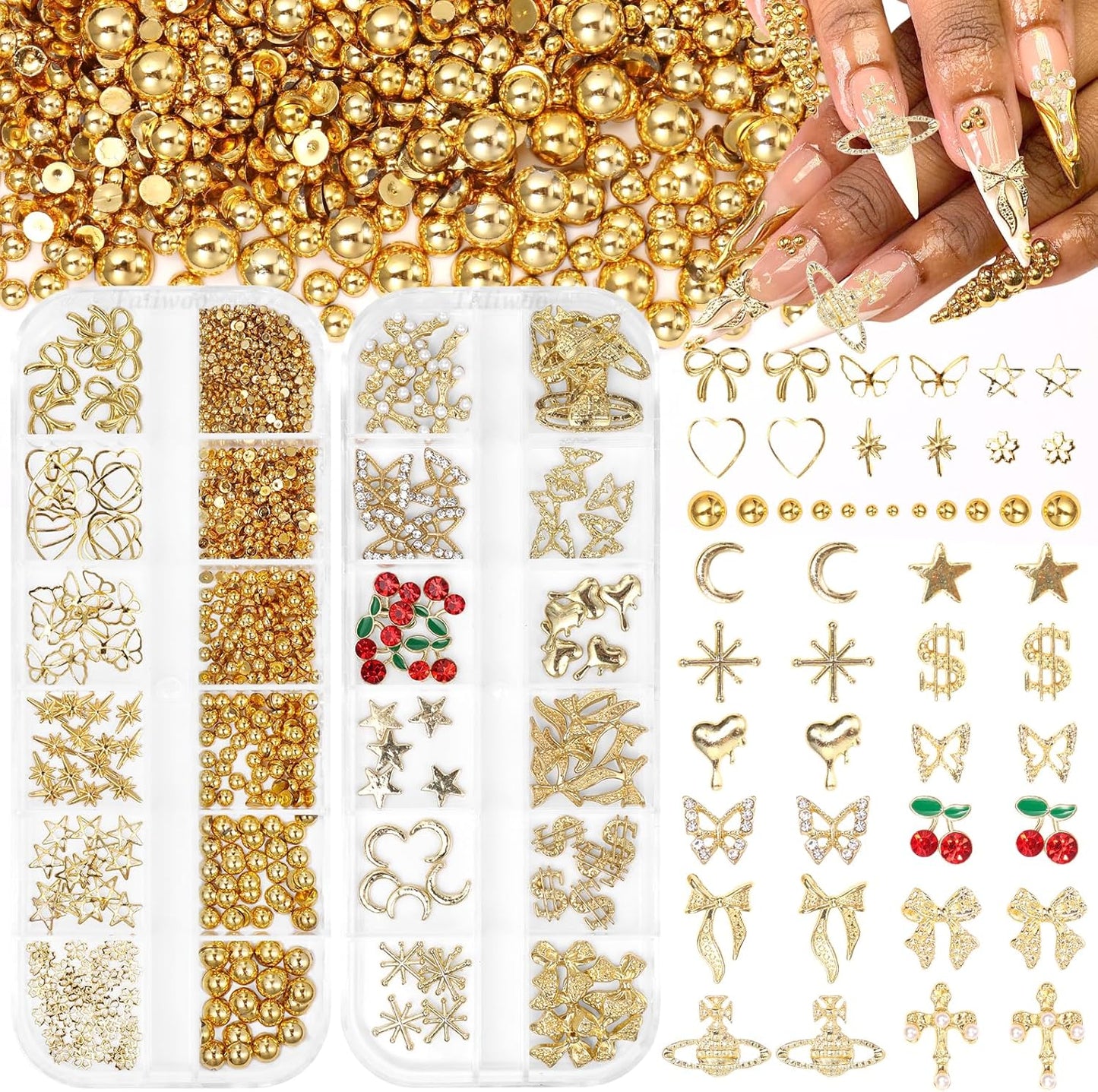 2 Boxes Alloy Gold Nail Charms, 3D Butterfly Star Cherry Nails Gems Charms, Mixed Shapes Golden Bows Heart Star Nail Studs Gold Flatback Pearls Beads for Nails Art Design DIY Accessories-BrightBean Baby