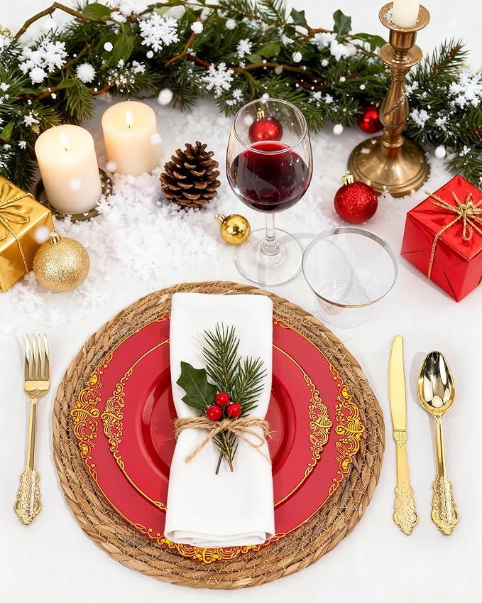 Nervure 350PCS Red Plastic Plates - Red Gold Plastic Dinnerware Sets for 50 Guests - 100 Gold Disposable Plates, 50 Pre Rolled Silverware Sets, 50 Cups Perfect for Wedding & Party & Christmas