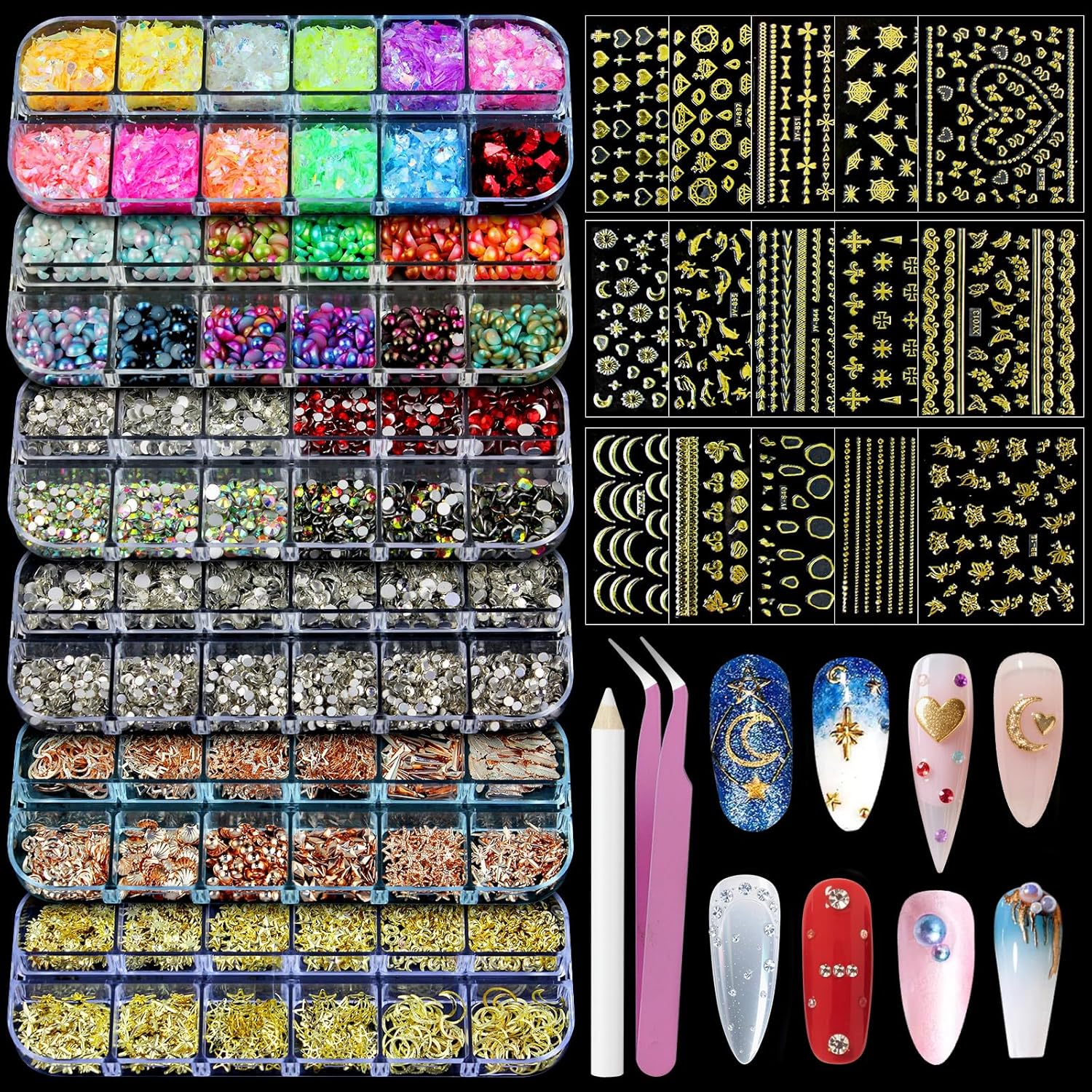 Artdone Nail Art Studs Kit, 6 boxes Multicolor And Design 3D Charms With 15 Sheets Gold Nail Stickers, Diamond Cute Nail Jewels For DIY Decoration with Pickup Tools-BrightBean Baby