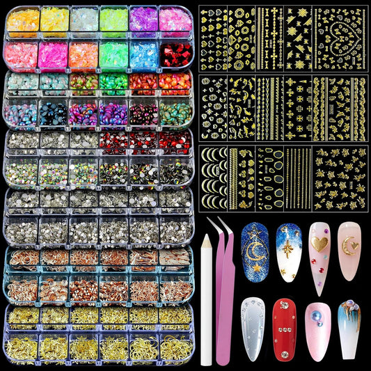 Artdone Nail Art Studs Kit, 6 boxes Multicolor And Design 3D Charms With 15 Sheets Gold Nail Stickers, Diamond Cute Nail Jewels For DIY Decoration with Pickup Tools-BrightBean Baby