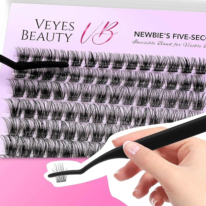 VEYESBEAUTY Lash Clusters Individual Eyelash Extensions Thin & Invisible Band DIY False Eyelashes for Self-application Newbie's Five-Second Series Wispy Lash Tray, Boldeye 8-16mm Mixed Length-BrightBean Baby