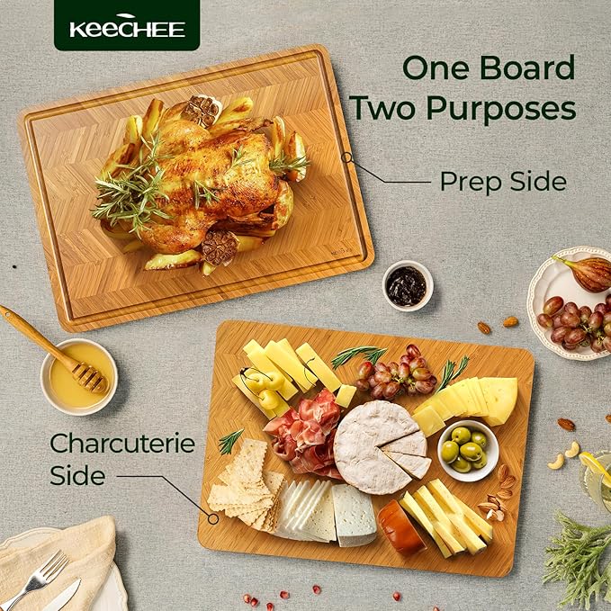 Atelier Collection Bamboo Cutting Board Set of 3, Reversible Boards for Kitchen with Juice Grooves, Handcrafted Luxury Cutting Boards, Large Wood Chopping Board for Cooking and Serving