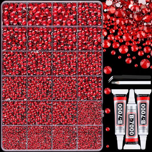 30000Pcs Resin Rhinestones with Tweezers for Crafting, Red Flatback Gems, Bedazzling Crystal with 3Pcs 10ml B7000 Jewelry Glue for DIY Crafts Clothing Tumblers Shoes Fabric Nail Art-BrightBean Baby