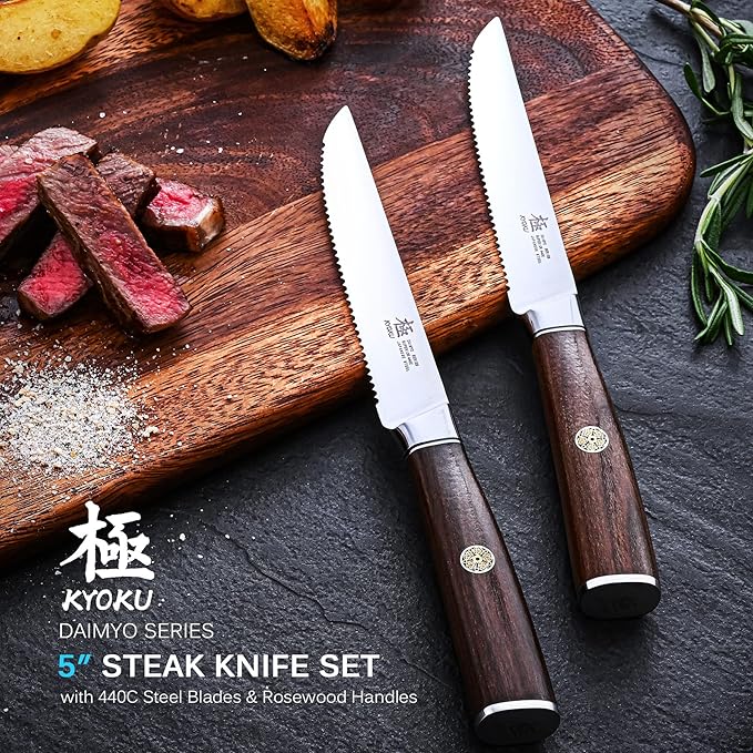 KYOKU 5 Inch Steak Knife Set of 4 - Daimyo Series Japanese 440C Stainless Steel Serrated Steak Knives - Ergonomic Rosewood Handles Mosaic Pins - with Sheaths & Case