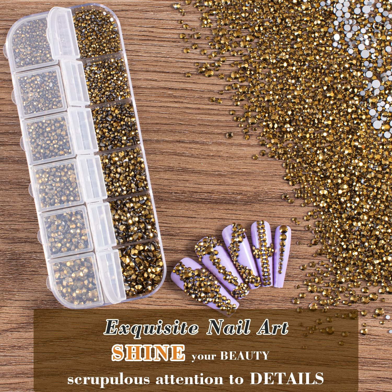 3600pcs Glass Mineral Gold Nail Rhinestones 6 Sizes(1.8/2/2.4/2.8/3/4mm) Flatback Crystal Nail Charms Jewels Decoration for Nail Art and Crafting, Tweezer and Pickup Pen included-BrightBean Baby