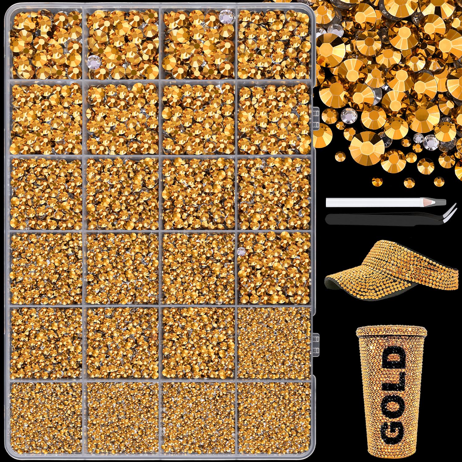 25000Pcs Resin Jelly Rhinestones with Tweezers for Crafting, 2-6mm Mixed Sizes (Copper Gold) Non Hotfix Flatback Gems, Bedazzling Crystal for DIY Crafts Clothing Tumblers Mugs Shoes Nail Art-BrightBean Baby