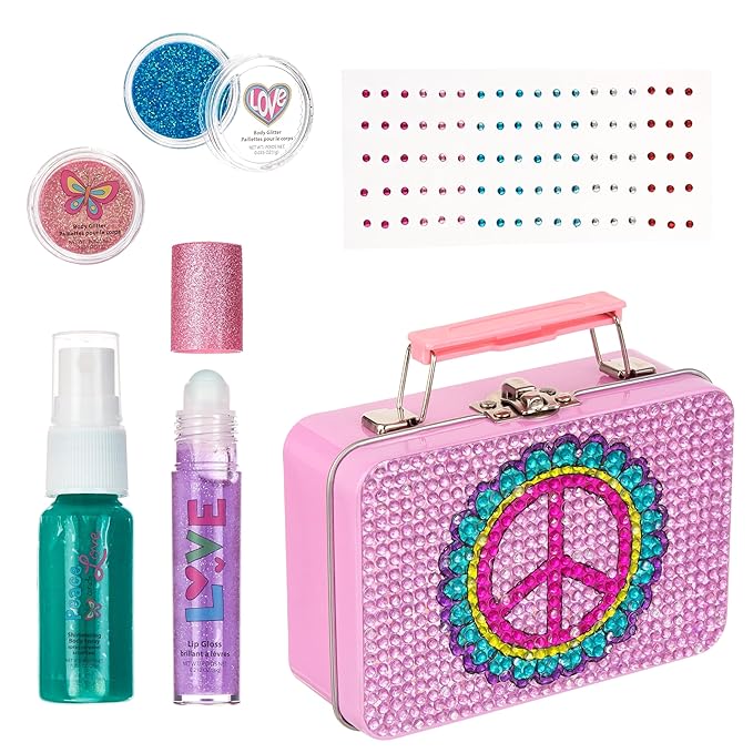 Expressions 6pc Peace & Rhinestones Beauty Set w/Tin Box Storage Case - Body Spray, Body Glitter, Mini Body Gems, and Lip Gloss Set,Washable + Non Toxic-BrightBean Baby