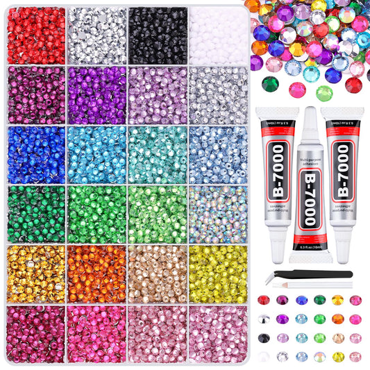 12600Pcs Resin Rhinestones for Crafting with Tweezers, Multicolor 4mm Bedazzling Crystal with 3Pcs 10ml B7000 Jewelry Glue for DIY Crafts Clothing Tumblers Shoes Fabric Nail Art-BrightBean Baby