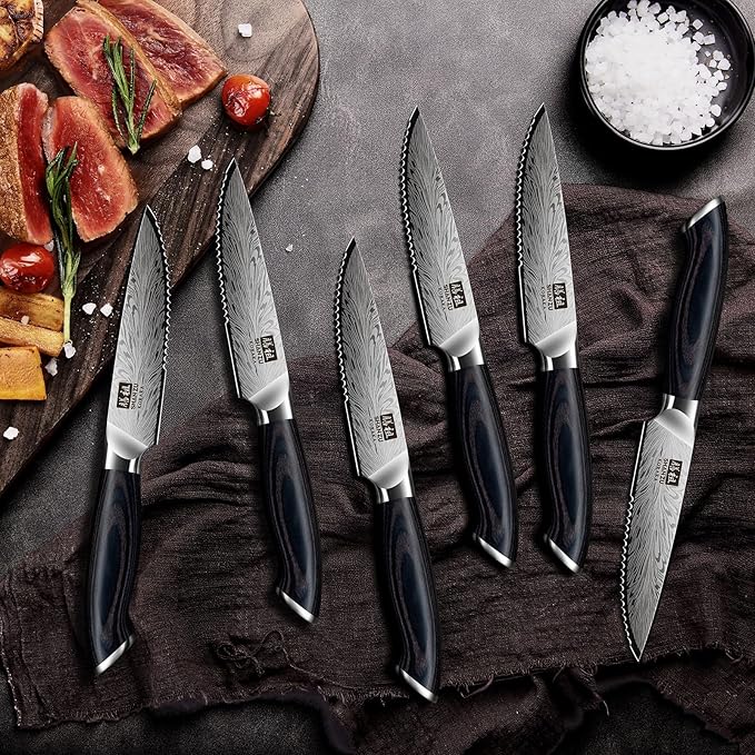 SHAN ZU Steak Knives Set of 6, Ultra Sharp 4.5 Inch High Hardness Powder Steel Steak Knife Set, Serrated Steak Knives with Ergonomic Pakkawood Handle Japanese Knives for Steak, Bread and Butter