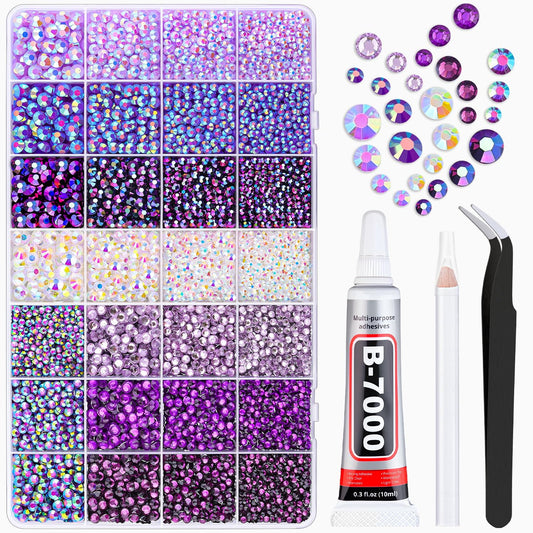 20000Pcs Purple Rhinestones for Bedazzling with 1Pcs B7000 Jewelry Glue, Resin Rhinestones for Crafting Crafts DIY, Bedazzler Kit Gems for Clothing Shoes Tumblers Nail Art Assorted Size 3/4/5/6mm-BrightBean Baby
