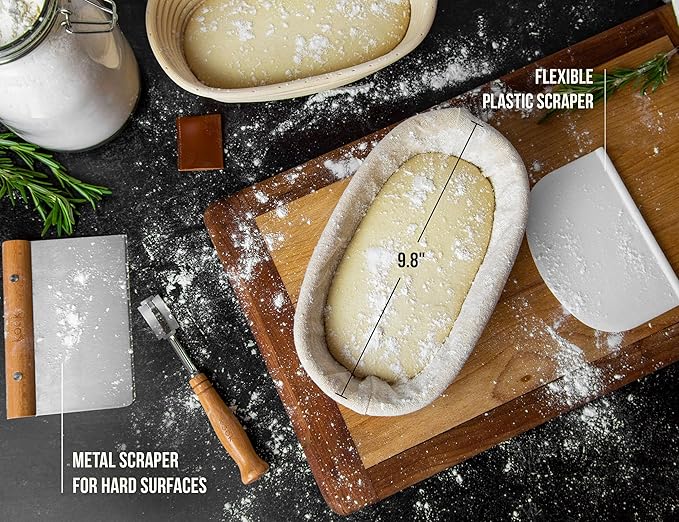 Kook Banneton Bread Proofing Set, Artisan Sourdough Bread Making Kit, 9.8 Inch Rattan Baskets and Liners, Metal & Plastic, Scrapers, Scoring Lame & Case, 4 Extra Blades, Set of 2, Oval