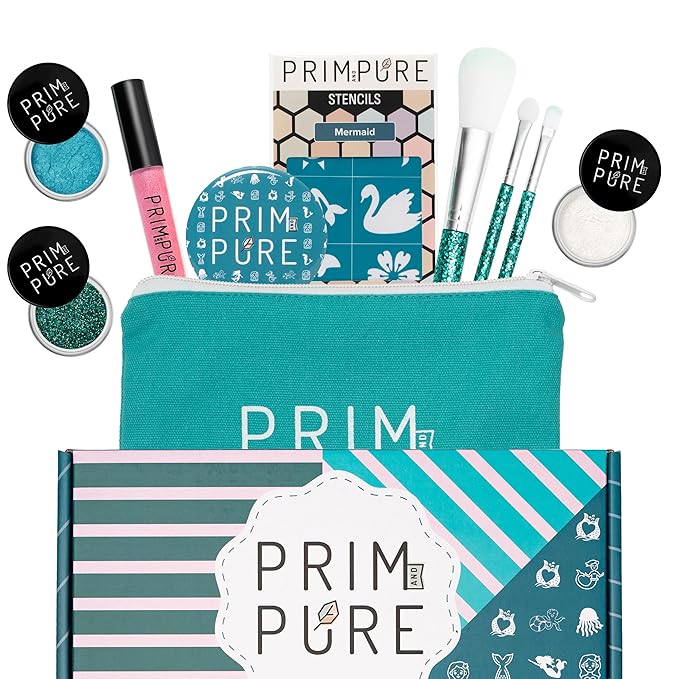 Prim and Pure Kids Makeup Gift Set - Stencil, Makeup Eyeshadow Bioglitter Lip Gloss and Cosmetic Bag Mirror Makeup Brush Accessories (Mermaid Blue)-BrightBean Baby