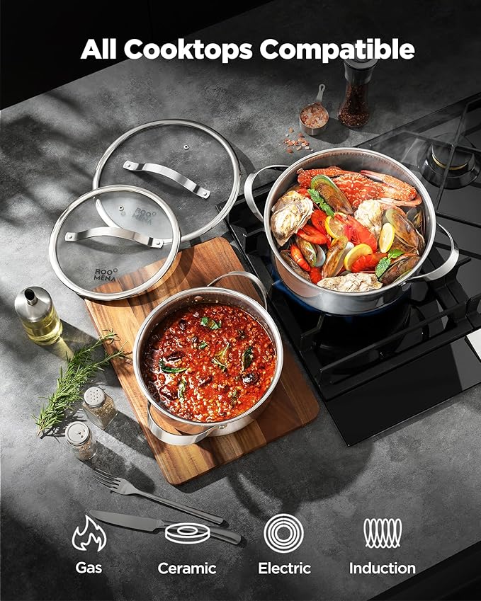 Pots and Pans Set Hybrid Stainless Steel, 10PC Nonstick Tri-Ply Cookware Set w/Frying pan, Dishwasher & Oven Safe, PFOA-Free, Metal Utensil Safe, Suitable for All Cooktops