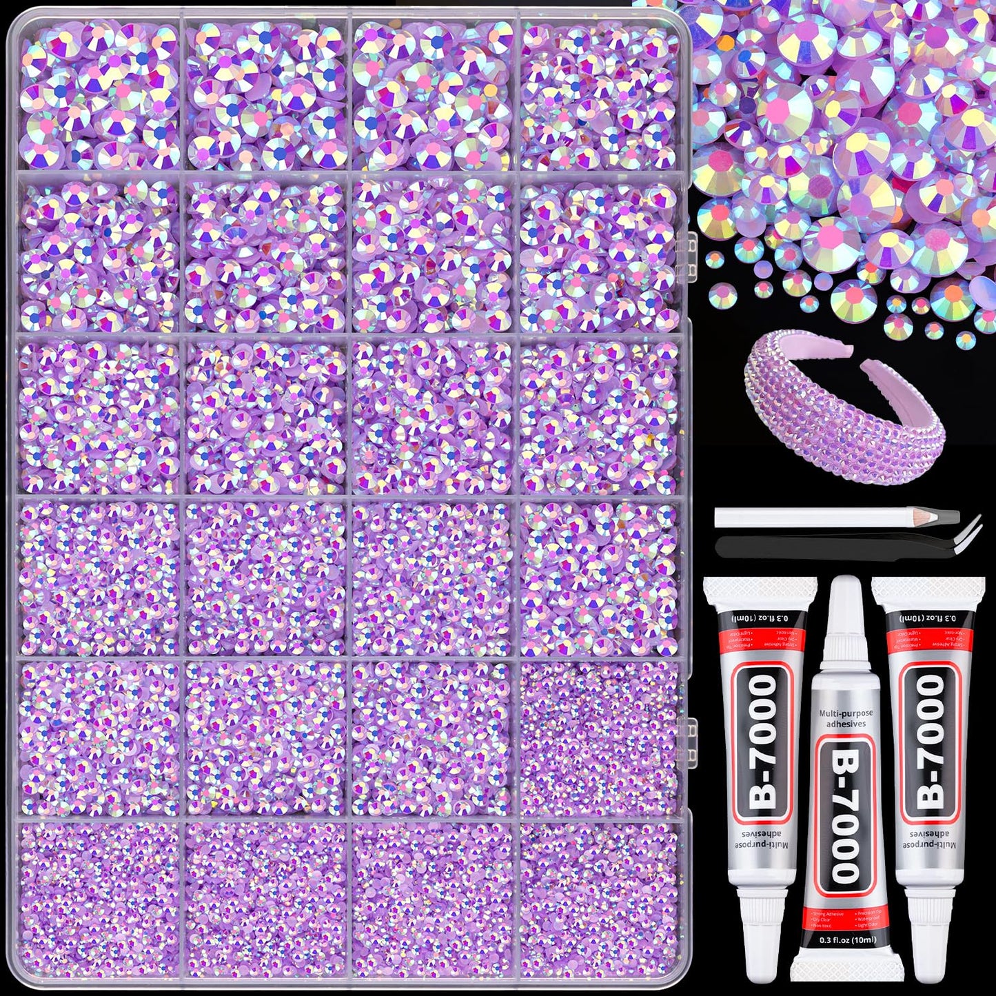 25000Pcs Resin Rhinestones with B7000 Jewelry Glue for Crafting, Lavender Purple AB 2-6mm Non Hotfix Flatback Gems, Bedazzling Crystal for DIY Crafts Clothing Tumblers Mugs Shoes Fabric Decor Nail Art-BrightBean Baby