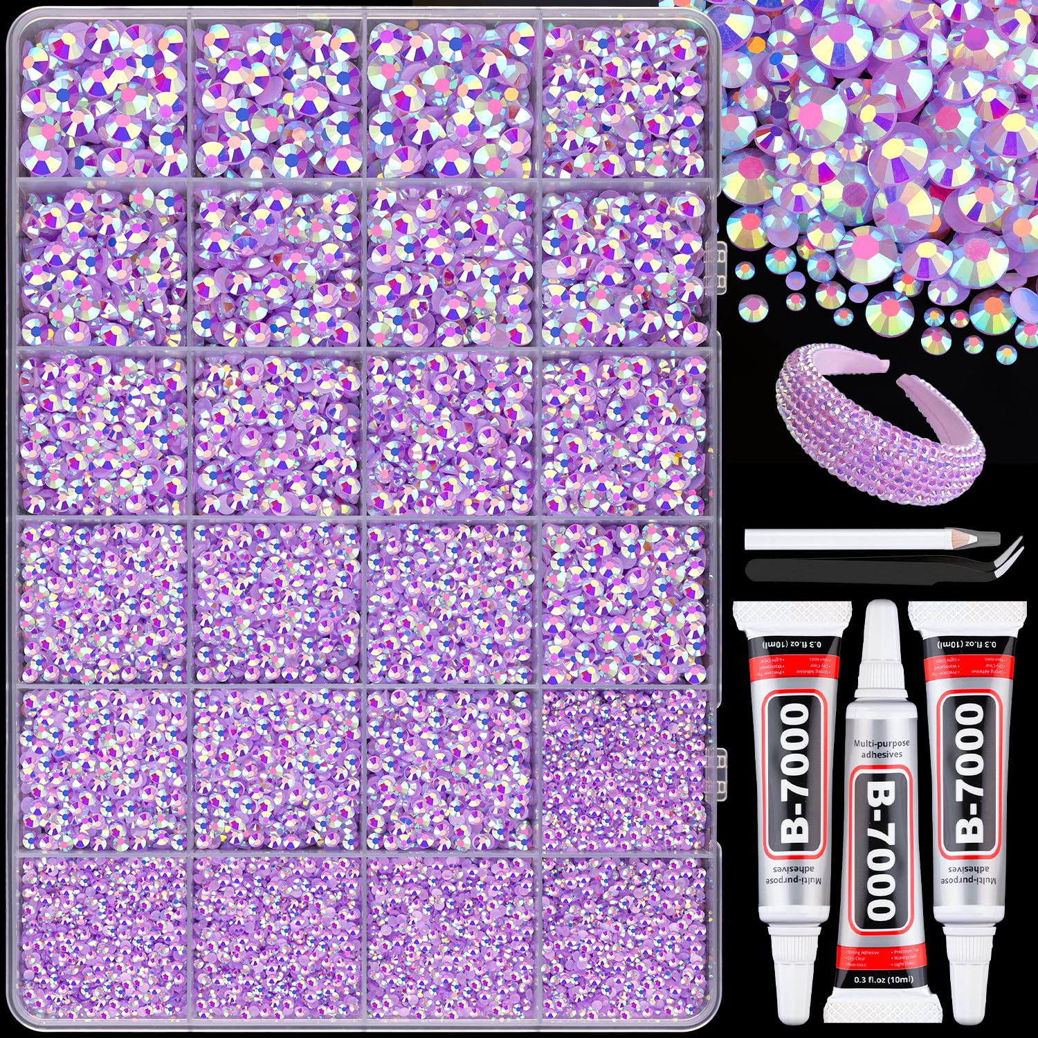 25000Pcs Resin Rhinestones with B7000 Jewelry Glue for Crafting, Lavender Purple AB 2-6mm Non Hotfix Flatback Gems, Bedazzling Crystal for DIY Crafts Clothing Tumblers Mugs Shoes Fabric Decor Nail Art-BrightBean Baby