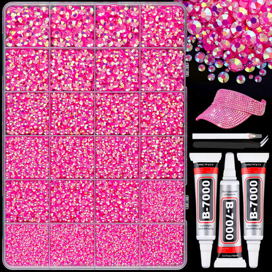25000Pcs Resin Rhinestones with B7000 Jewelry Glue for Crafting, Hot Pink AB 2-6mm Non Hotfix Flatback Gems, Bedazzling Crystal for DIY Crafts Clothing Tumblers Mugs Shoes Fabric Decor Nail Art-BrightBean Baby