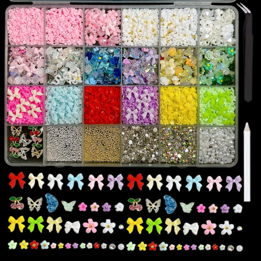 3D Colorful Flower Nail Charms, Flatback Pearl Bow Nail Charms and Gems, Alloy Cherry Butterfly Charms for Nails Design, Gold Caviar Beads Nail Rhinestones Manicure Charms for Practical DIY Tools-BrightBean Baby