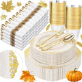 Nervure 350PCS Ivory Plastic Plates - Ivory Gold Plastic Dinnerware Sets for 50 Guests - 100 Gold Disposable Plates, 50 Pre Rolled Silverware Sets, 50 Cups Perfect for Wedding & Thanksgiving