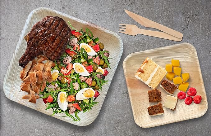 Raj Palm Leaf Plates [50-Pack] 10"x25 7"x25 Square Plates like Bamboo plates Disposable, Decorative Compostable Tableware for wedding, Lunch, Dinner, Birthday, Camping, Outdoor BBQ, Picnic