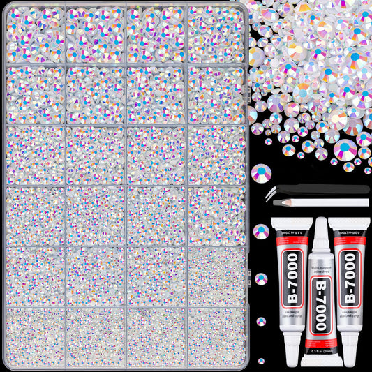 25000Pcs Resin Jelly Rhinestones with Tweezers for Crafting, White AB Flatback Gems, Bedazzling Crystal with 3Pcs 10ml B7000 Jewelry Glue for DIY Crafts Clothing Tumblers Shoes Fabric Nail Art-BrightBean Baby