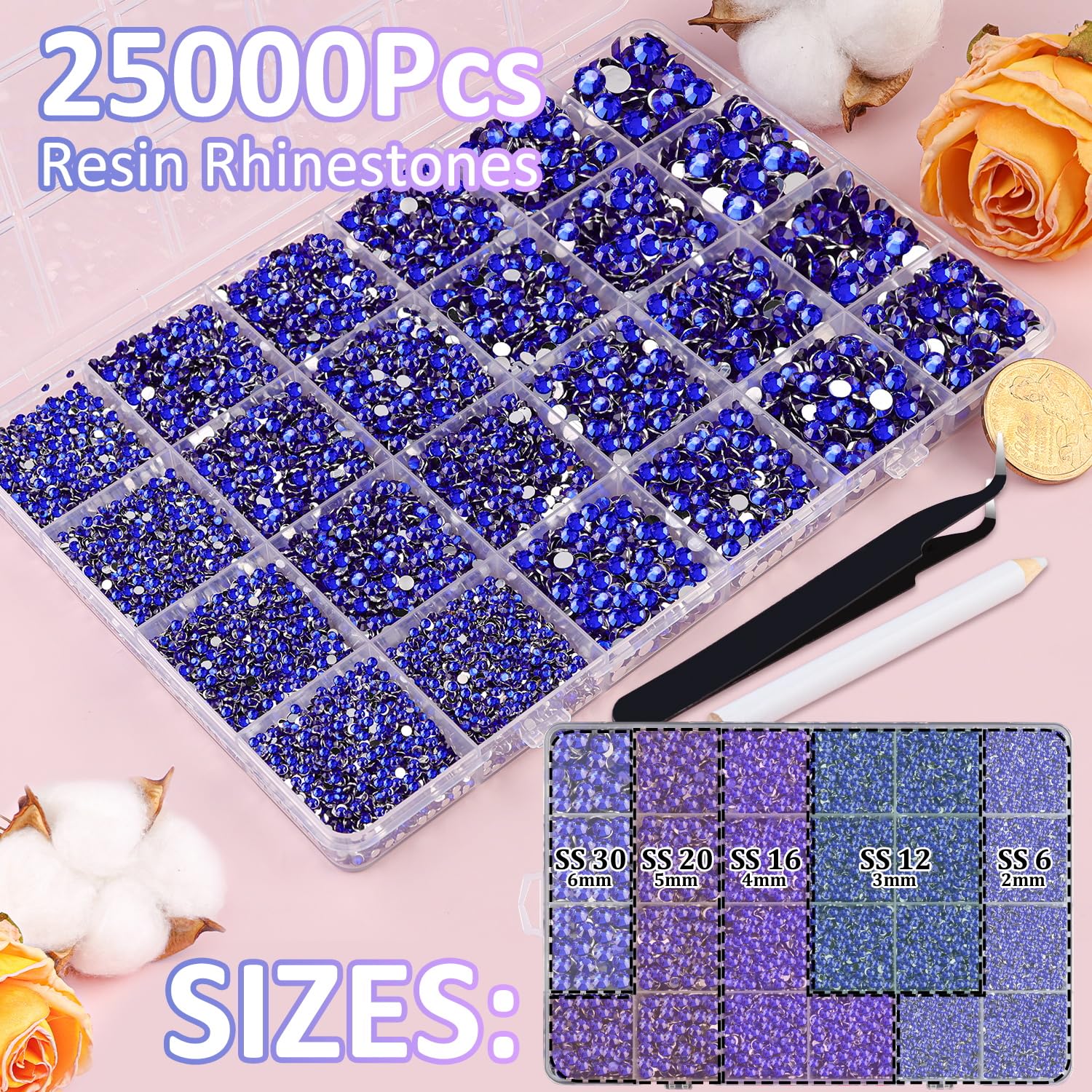 25000Pcs Resin Rhinestones for Crafting, Royal Blue 2-6mm Mixed Sizes Non Hotfix Flatback Gems, Bedazzling Crystal for DIY Crafts Clothing Tumblers Mugs Shoes Fabric Nail Art-BrightBean Baby