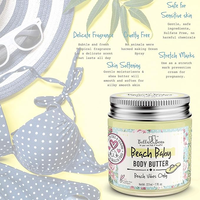 Bella and Bear Beach Baby Body Butter - Moisturizing Shea Cream for Women - Vegan, Cruelty& Oil-Free - Helps Prevents Pregnancy Stretch Marks 6.76-oz-BrightBean Baby