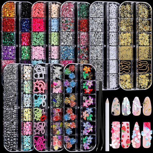 FANDAMEI Nail Charms, 8-Box Nail Charms and Gems, Fruit Bow Hawaii Flowers Petals 3D Nail Art Charms Bulk, Colorful Bubble Beads Nail Rhinestones, Gold Studs Flatback Nail Pearls for DIY-BrightBean Baby