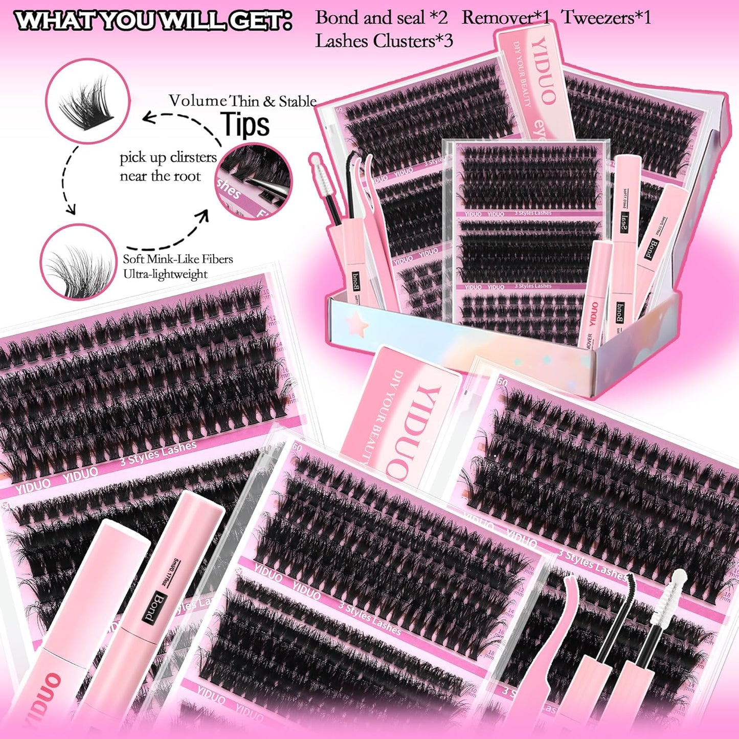 Volume Lashes Clusters Lash Kit Gift Packs 770Pcs with 2X Bond&Seal 5 style Mixed C-Curl False Eyelashes Extensions Faux Mink Individual Lash Wholesale Pack DIY Individual Fake Eyelashes Box-BrightBean Baby