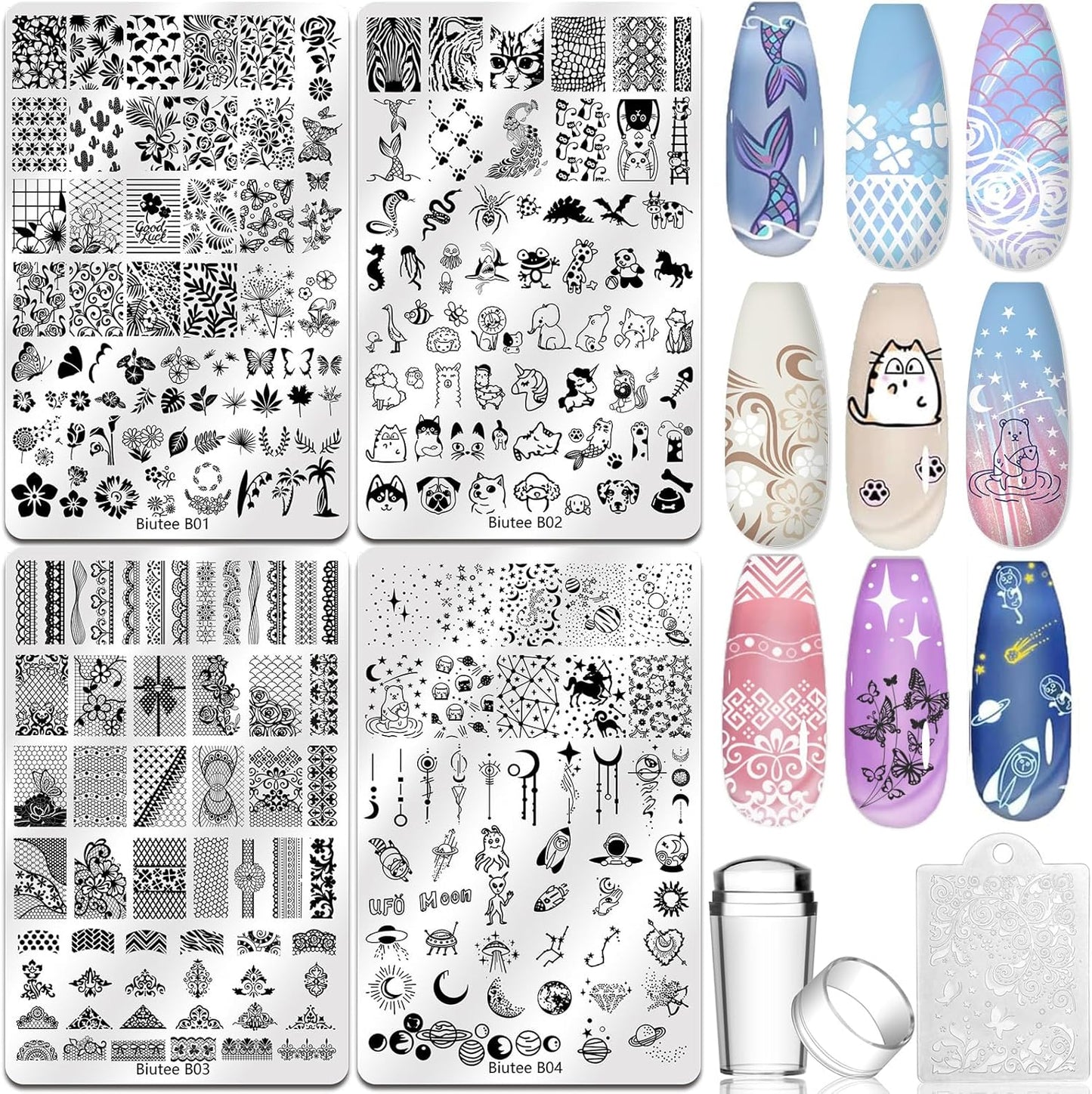 Biutee 4PCS Nail Stamping Plates Set, Includes Nail Art Stamper & Scraper - French Line Lace, Space, Animal, Flower, Leaf Designs - Large Nail Art Stencils Templates for DIY Manicure-BrightBean Baby