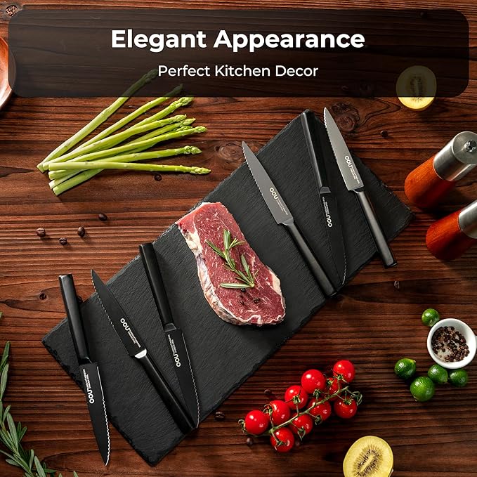 OOU Steak Knives Set of 6, 4.5" German High Carbon Stainless Steel Steak Knife Set, Serrated Steak Knives, Dishwasher Safe & Rust-Resistant Kitchen Knife Sets