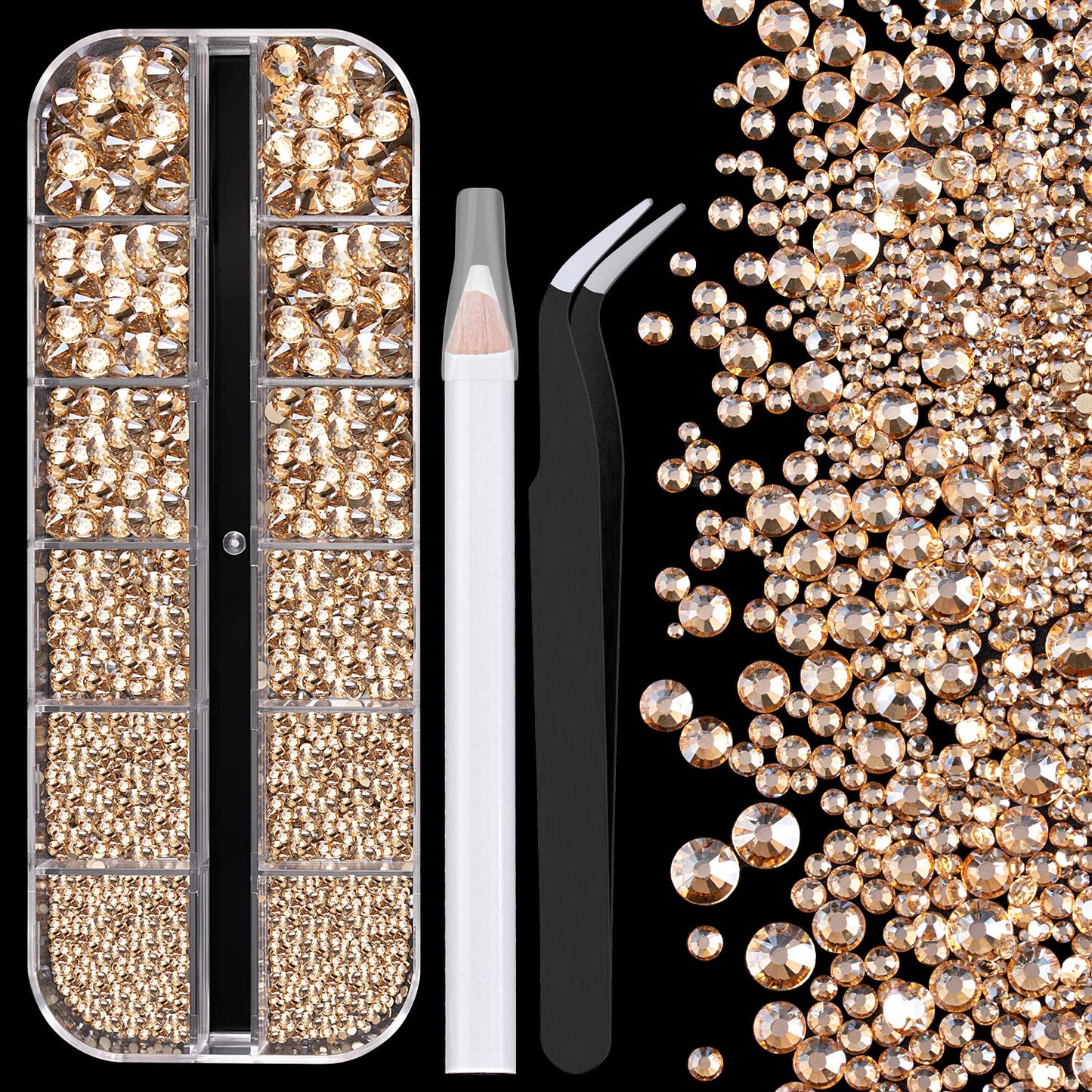 One Pack 2000 Pcs of Flatback Round Champagne Rhinestones 6 Sizes (1.5-6 mm) with Nail Art Rhinestone Picker Pencil and Tweezer for DIY and Salon Use-BrightBean Baby