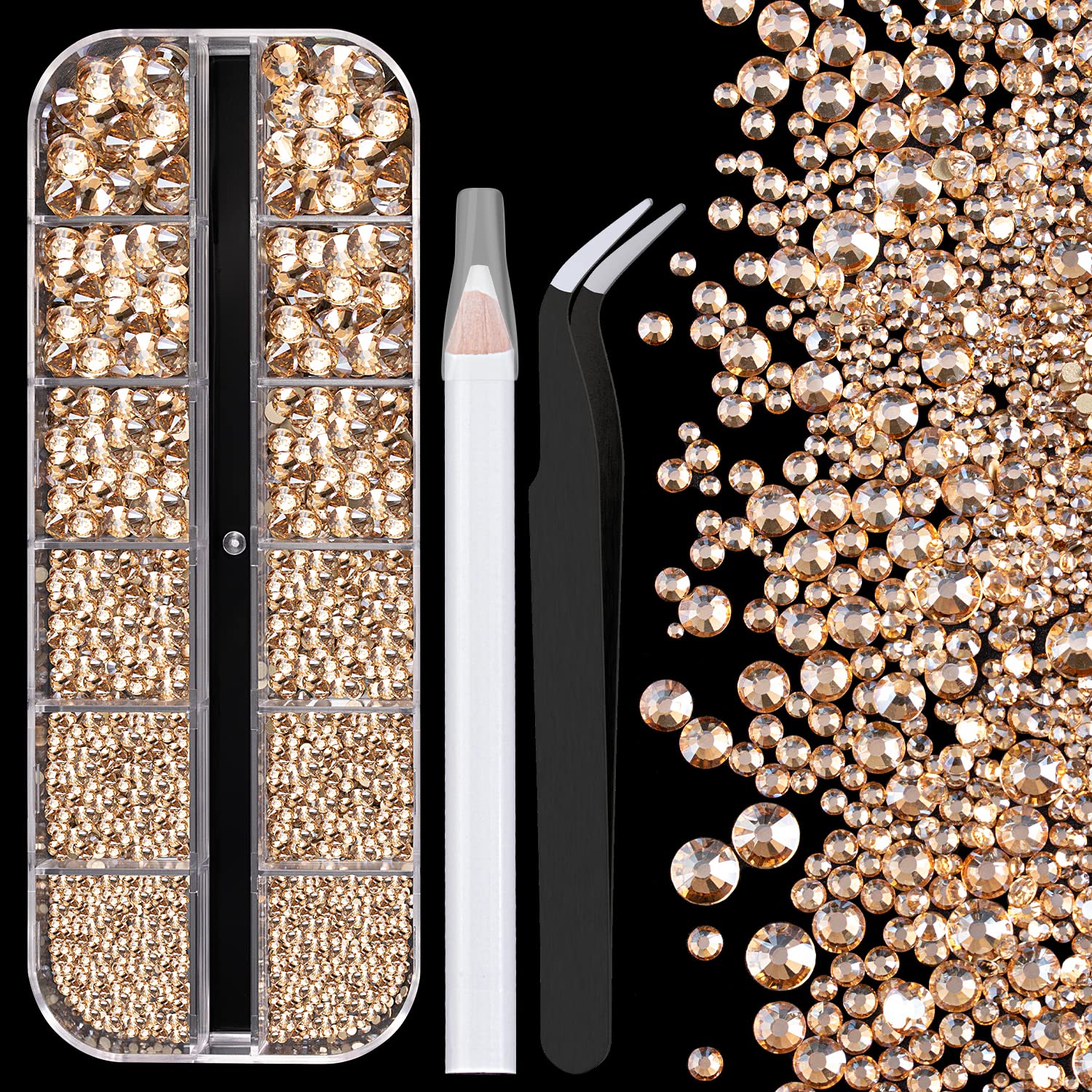 One Pack 2000 Pcs of Flatback Round Champagne Rhinestones 6 Sizes (1.5-6 mm) with Nail Art Rhinestone Picker Pencil and Tweezer for DIY and Salon Use-BrightBean Baby