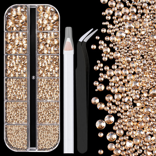 One Pack 2000 Pcs of Flatback Round Champagne Rhinestones 6 Sizes (1.5-6 mm) with Nail Art Rhinestone Picker Pencil and Tweezer for DIY and Salon Use-BrightBean Baby