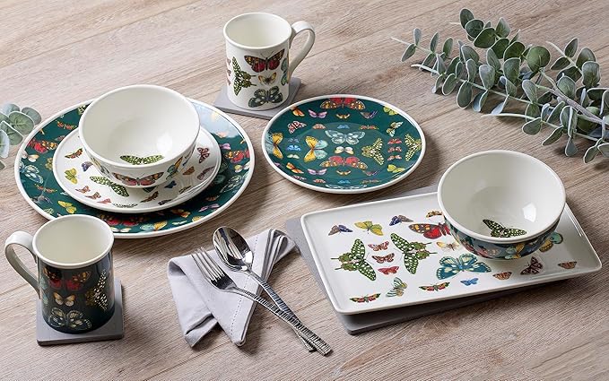 Spode Botanic Garden Harmony 14 oz Tankard Mug, Assorted Butterflies - Embossed Earthenware Coffee Cup, Dishwasher & Microwave Safe - Botanical Tea Cup for Spring Tableware (Green)