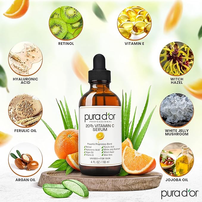 PURA D'OR 20% Vitamin C Serum 4 Oz - Lightweight Maximum Strength Formula - Retinol, Hyaluronic Acid, Ferulic Acid - Professional Grade Treatment For Face & Eyes, Wrinkles - Men & Women-BrightBean Baby