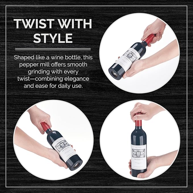 Wine Bottle Pepper Grinder, 12 Inch Wood Pepper Mill, Adjustable Coarseness 1:1 Scale Bottle Manual Peppercorn Mill, Wooden Pepper Crusher with Steel Grinders, Best for Wine Collectors, WB1