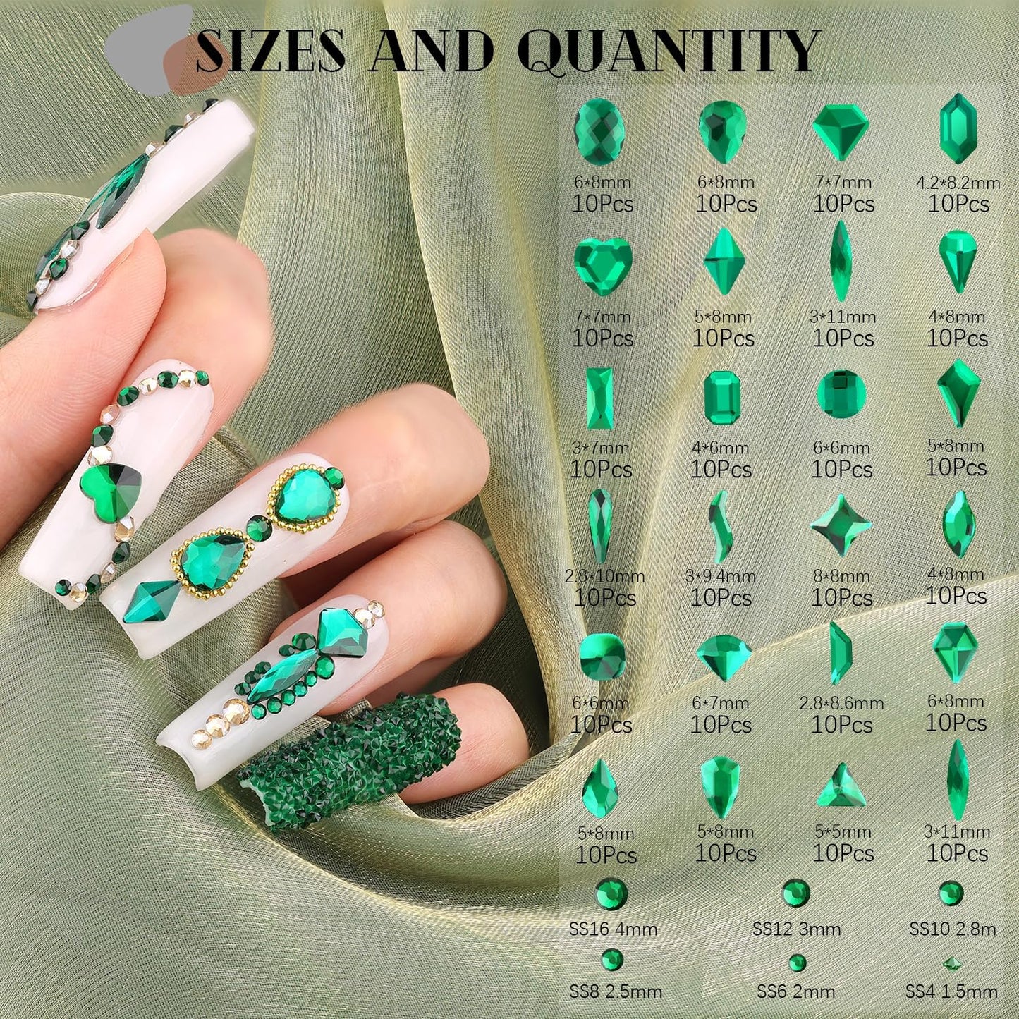 2750Pcs Emerald Green Glass Nail Rhinestones 240Pcs Multi Shapes Flatback Nail Gems + 2510Pcs 1.5-4mm Round Crystal, Manicure Nail Charms Diamond Gemstone for Acrylic Nails Decoration-BrightBean Baby