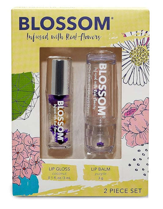 Blossom Moisturizing Custom Color Changing Crystal Lip Balm Strawberry Scented Lip Stain Tint, Mini Coconut Rollon Scented Lip Gloss, Infused with Real Flowers, 2 pk, Coconut/Purple-BrightBean Baby