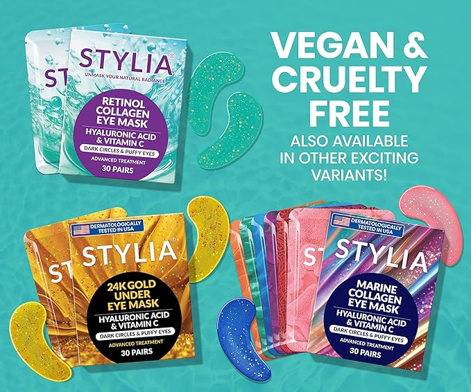 Stylia Under Eye Patches for Puffy Eyes and Dark Circles (30 Pairs) - Marine Collagen Under Eye Mask with Retinol, Vitamin C, Hyaluronic Acid, Pearl Extract - Eye Masks for Dark Circles and Puffiness-BrightBean Baby
