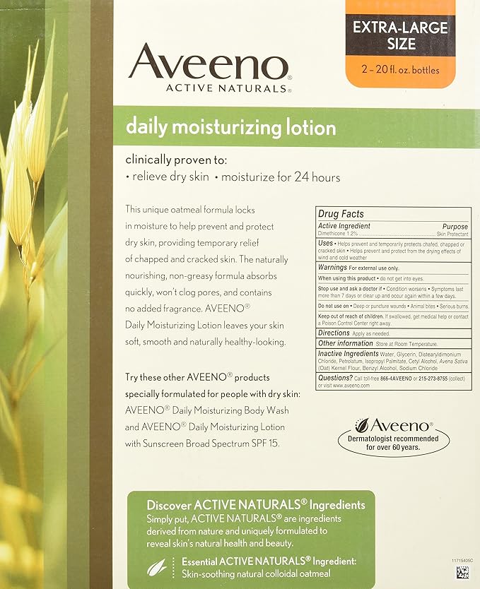 Aveeno Active Naturals Daily Moisturizing Lotion, New 2 Pack Of 20 Fl Ounce Pump, 1 Fl Ounce-BrightBean Baby