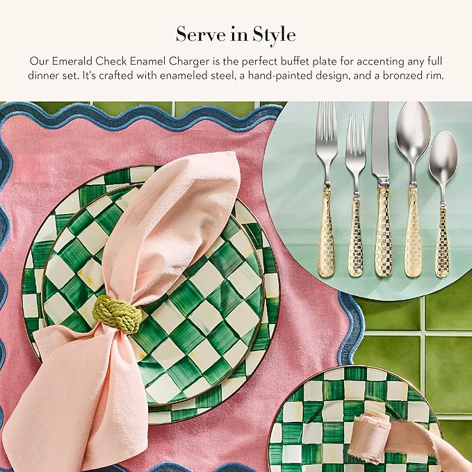 MACKENZIE-CHILDS Enamel Charger Plate, Charger Decoration for Dinner Plates or Home Decor, 12 Inches, Green-and-White Emerald Check