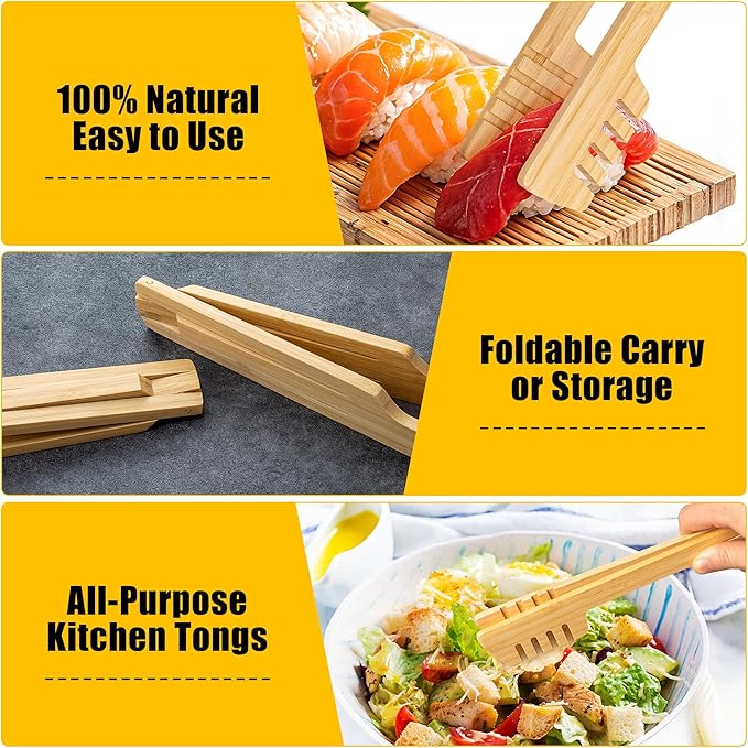 2-Pack Bamboo Kitchen Tongs for Cooking – 8.7-Inch Wooden Food Tongs with Wide Grooved Tips, Flip Design for Nonstick Cookware, Salad, BBQ, and Grilling