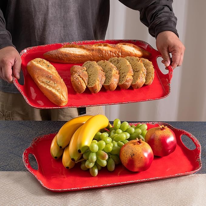 Christmas Large Melamine Serving Tray with Handle, Crackled Rustic Rectangle Melamine Serving Platter for Serving Food, Coffee Table Tray, Entertaining & Party Use, Set of 2, Christmas Red