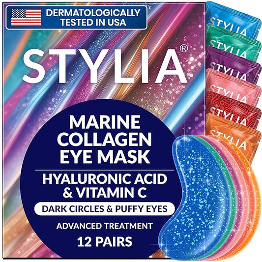 Stylia Under Eye Patches for Puffy Eyes and Dark Circles (12 Pairs) - Marine Collagen Under Eye Mask with Vitamin C, Hyaluronic Acid, Pearl Extract - Eye Masks for Dark Circles and Puffiness-BrightBean Baby