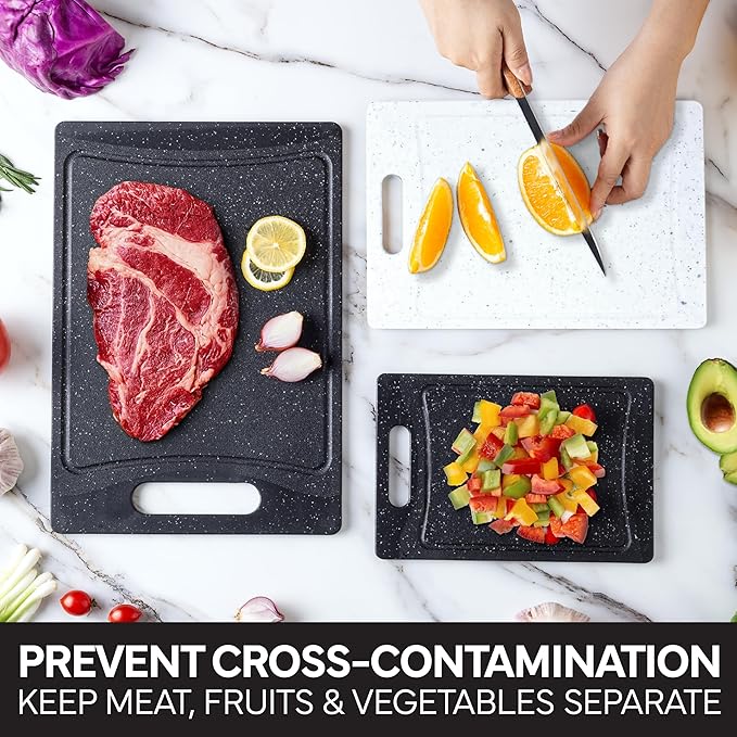 COOK WITH COLOR Non-Slip Cutting Board Set – Kitchen Essentials with Easy Grip Handle for Meat, Veggies, and Fruits, 3 Cutting Boards, Black/White