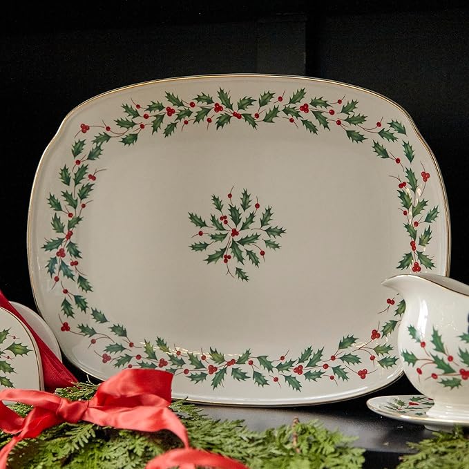 Lenox Serveware, Holiday Serving Platter, Oval Shape, 15.25-Inch, Ivory, Porcelain Material, Dishwasher Safe, Turkey Platter for Thanksgiving, Winter Hosting, Christmas Serving (Multicolor, 1 Piece)