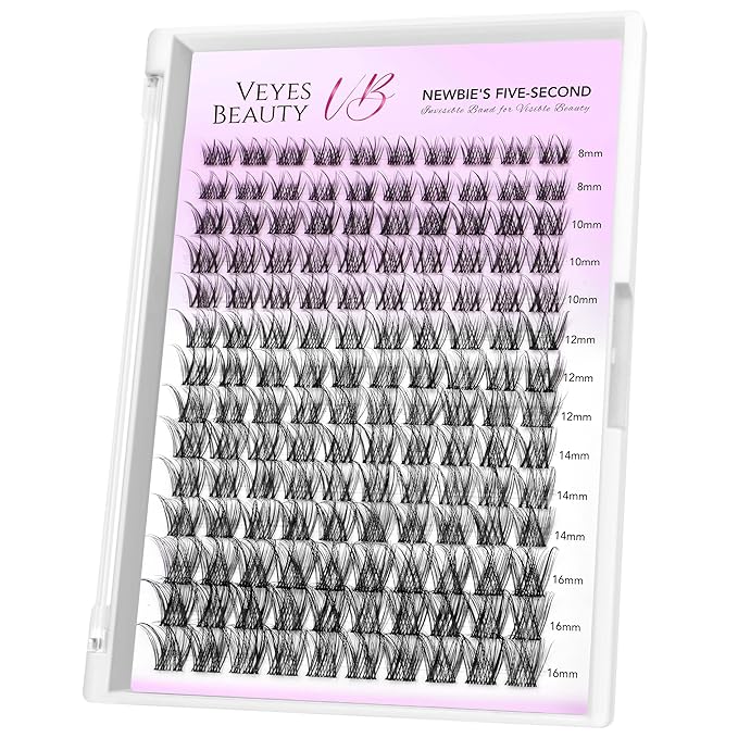 VEYESBEAUTY Lash Clusters Individual Eyelash Extensions Thin & Invisible Band DIY False Eyelashes for Self-application Newbie's Five-Second Series Wispy Lash Tray, LuxeBold 8-16mm Mixed Length-BrightBean Baby