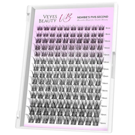 VEYESBEAUTY Lash Clusters Individual Eyelash Extensions Thin & Invisible Band DIY False Eyelashes for Self-application Newbie's Five-Second Series Wispy Lash Tray, LuxeBold 8-16mm Mixed Length-BrightBean Baby