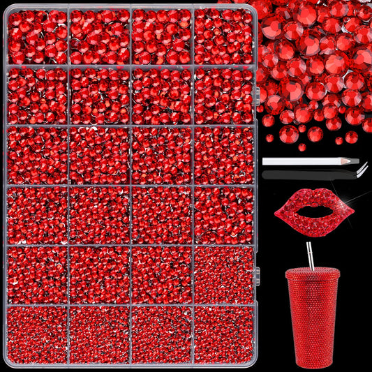 25000Pcs Resin Rhinestones with Tweezers for Crafting, 2-6mm Mixed Sizes (Red) Non Hotfix Flatback Gems, Bedazzling Crystal for DIY Crafts Clothing Tumblers Mugs Shoes Decor Nail Art-BrightBean Baby