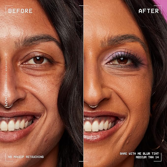 NYX PROFESSIONAL MAKEUP Bare With Me Blur Skin Tint Foundation Make Up with Matcha, Glycerin & Niacinamide - Medium Tan-BrightBean Baby